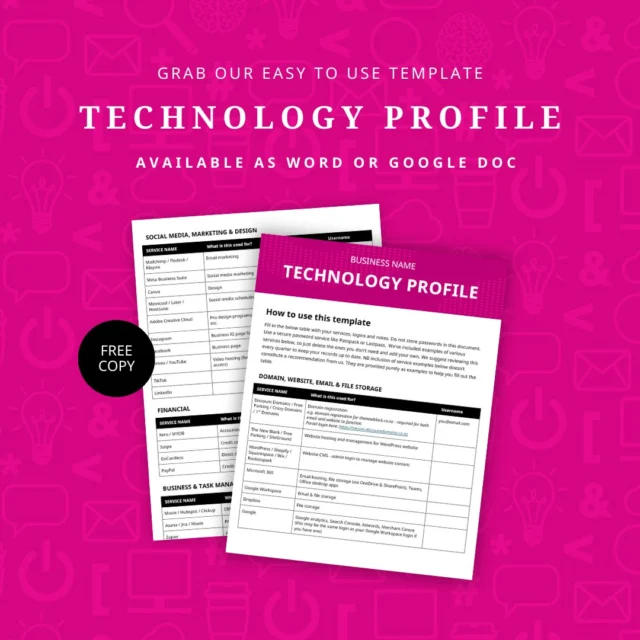 Ever been frustrated because you can't find your business logins or can't remember all the things you've signed up to? We have a solution! Grab our technology profile template to record all your cloud services, subscriptions and logins in one place. We’ve included loads of examples to help you fill it out. Get it all out of your head and into one easy to use document!

The template has sections for:
☑️Domain, website and email hosting details
☑️Social media and marketing accounts
☑️Financials – e.g. accounting and online payments providers
☑️Other business tools like CRM, project & task management.

To get access to our super handy template simply comment "template" below and we'll send you a link. Too easy!