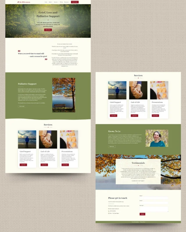 Is it time to move on from your DIY website?

Liz from @the_fifth_season_canterbury previously had a DIY website built on Wix, which served her for a time, but was now ready for a professionally designed website to be built to support her business growth.

The result is a website she is proud of, that truly reflects her unique approach to her work.

The website uses natural elements and soft curves to reflect the gentle, caring approach that she has. Calming colours and imagery help further convey this aesthetic.

We've made it easy for potential clients to get in touch with her, and to find resources that will be helpful for them along their difficult journey.

The website is SEO friendly to ensure she can be found when people need her.

#smallbusinessnz #websitedesign #wordpresswebsite #nzwomeninbusiness